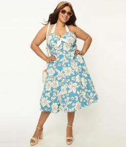 Unique Vintage Plus Size Blue & White Floral Bouquet Swing Dress Sale