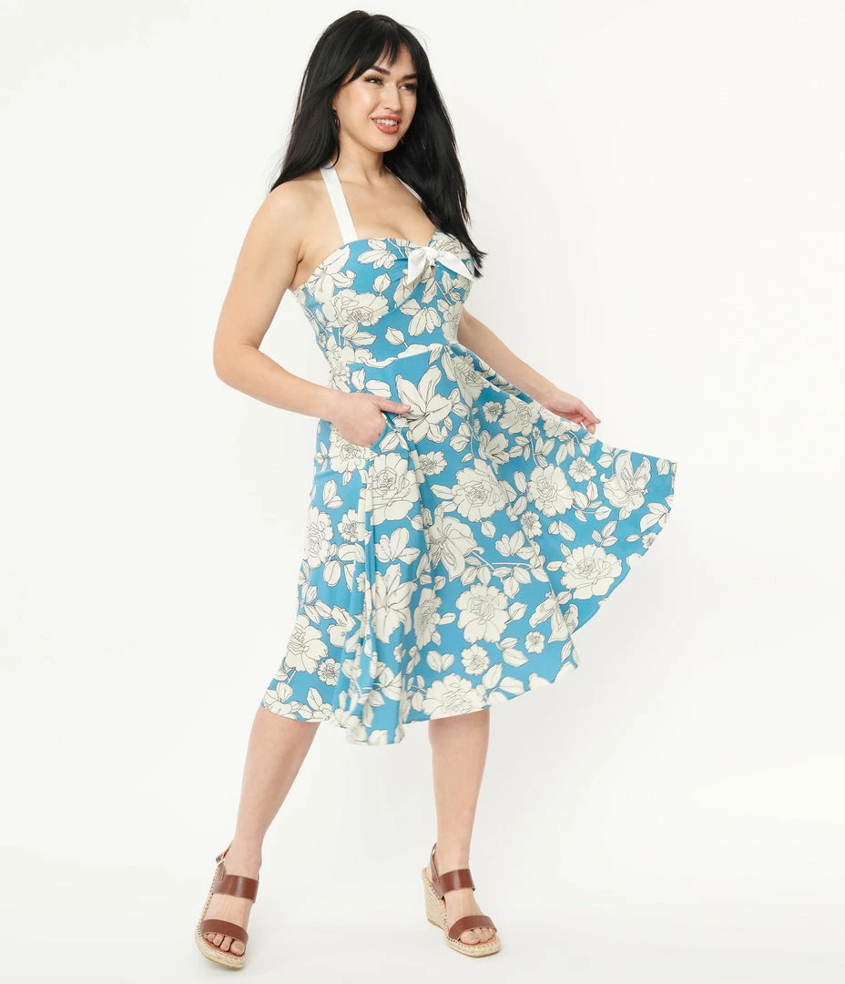 Sale Unique Vintage Blue & White Floral Bouquet Swing Dress