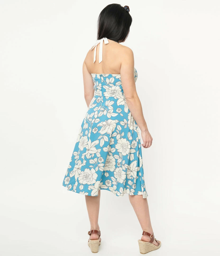 Sale Unique Vintage Blue & White Floral Bouquet Swing Dress