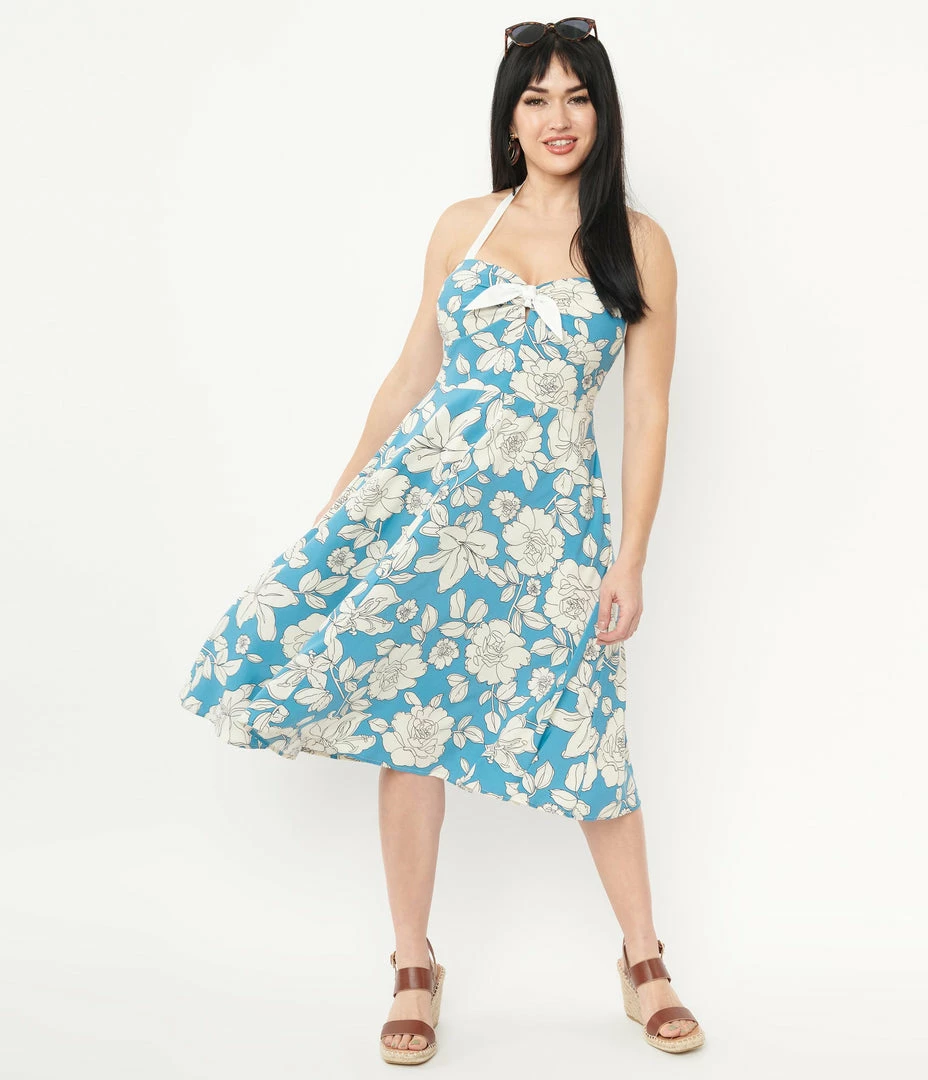 Sale Unique Vintage Blue & White Floral Bouquet Swing Dress