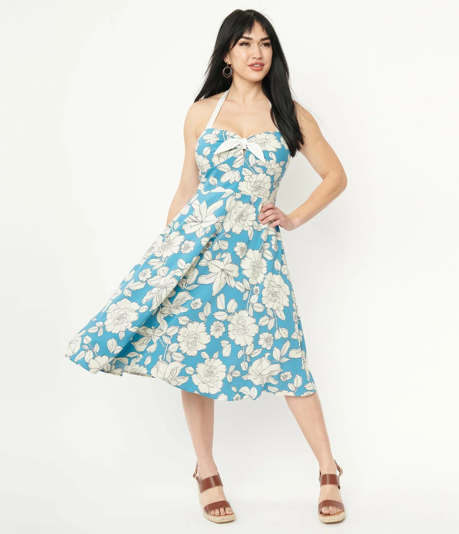 Sale Unique Vintage Blue & White Floral Bouquet Swing Dress