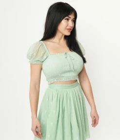 Unique Vintage Mint Mesh & Hearts Crop Top Sale