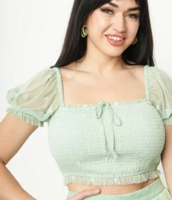 Unique Vintage Mint Mesh & Hearts Crop Top Sale