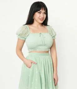 Unique Vintage Mint Mesh & Hearts Crop Top Sale
