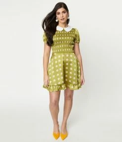 Sale Smak Parlour Green & White Daisies Smocked Fit & Flare Dress