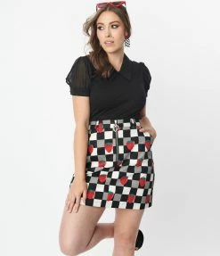 Pop Soda Hell Bunny Black & White Check & Strawberry Denim Mini Skirt Sale