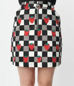 Pop Soda Hell Bunny Black & White Check & Strawberry Denim Mini Skirt Sale