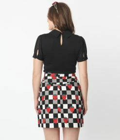 Pop Soda Hell Bunny Black & White Check & Strawberry Denim Mini Skirt Sale