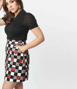Pop Soda Hell Bunny Black & White Check & Strawberry Denim Mini Skirt Sale