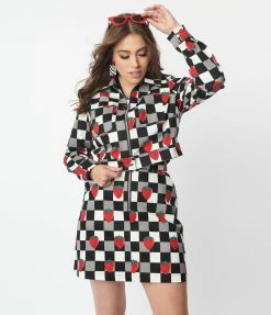 Pop Soda Hell Bunny Black & White Check & Strawberry Denim Jacket