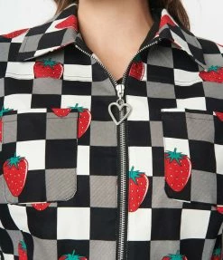 Pop Soda Hell Bunny Black & White Check & Strawberry Denim Jacket