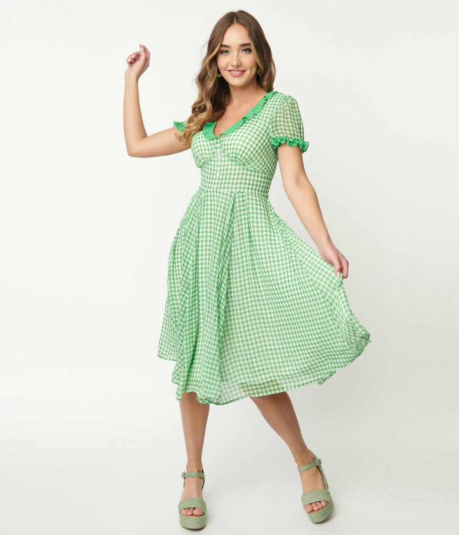 Pop Soda Hell Bunny 1950s Green Gingham Anne Marie Midi Dress