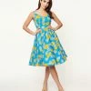 Pop Soda Hell Bunny 1950s Blue & Orange Blossom Swing Dress Sale