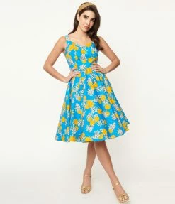 Pop Soda Hell Bunny 1950s Blue & Orange Blossom Swing Dress Sale