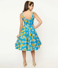 Pop Soda Hell Bunny 1950s Blue & Orange Blossom Swing Dress Sale