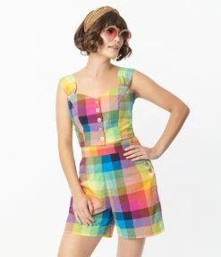 Pop Soda Hell Bunny 1950s Rainbow Check Crop Top Sale