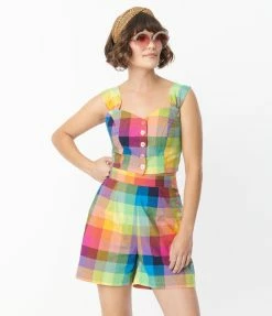 Pop Soda Hell Bunny 1950s Rainbow Check Crop Top Sale