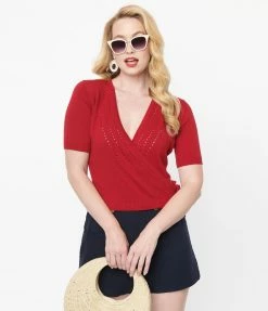 Collectif Burgundy Perforated Lorella Wrap Cardigan Clothing