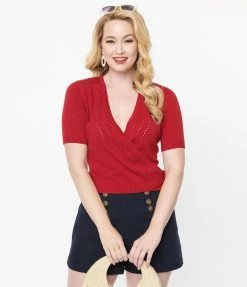 Collectif Burgundy Perforated Lorella Wrap Cardigan Clothing