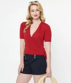 Collectif Burgundy Perforated Lorella Wrap Cardigan Clothing