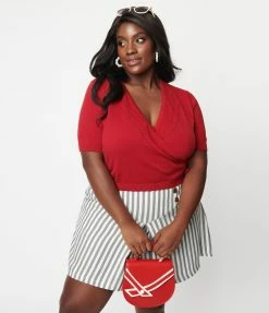 Collectif Plus Size Burgundy Perforated Lorella Wrap Cardigan Clothing