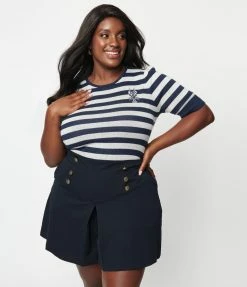 Collectif Plus Size Navy & Cream Stripe Lobster Chrissie Sweater Sale