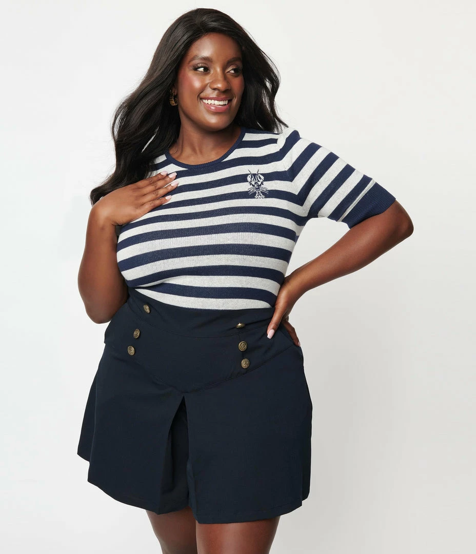 Collectif Plus Size Navy & Cream Stripe Lobster Chrissie Sweater Sale