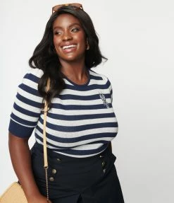 Collectif Plus Size Navy & Cream Stripe Lobster Chrissie Sweater Sale