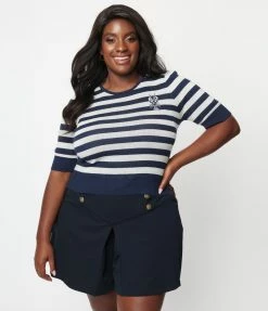 Collectif Plus Size Navy & Cream Stripe Lobster Chrissie Sweater Sale