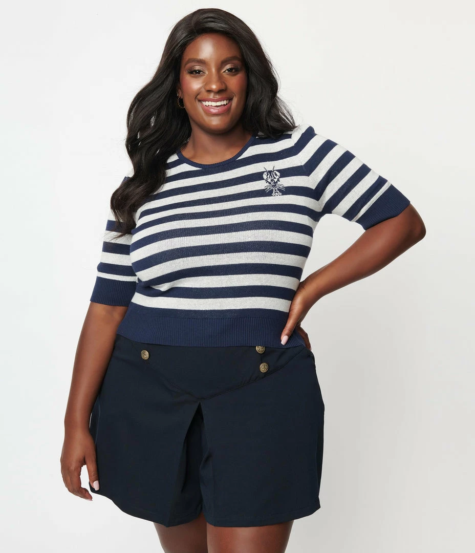 Collectif Plus Size Navy & Cream Stripe Lobster Chrissie Sweater Sale
