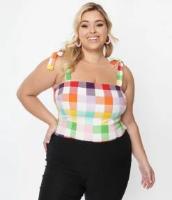 Collectif Plus Size Rainbow Gingham Ylenia Crop Top Sale