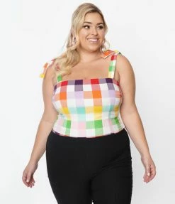 Collectif Plus Size Rainbow Gingham Ylenia Crop Top Sale
