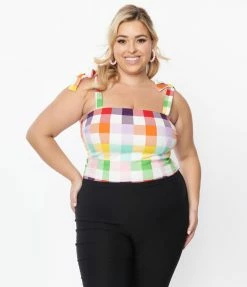 Collectif Plus Size Rainbow Gingham Ylenia Crop Top Sale