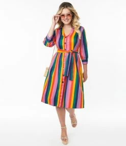 Collectif (Bright & Beautiful) Bright & Beautiful Rainbow Stripe Lauren Shirtdress