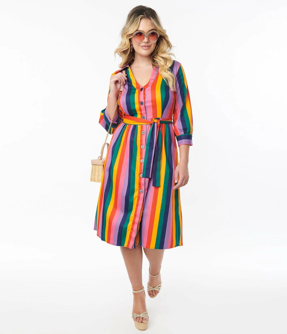 Collectif (Bright & Beautiful) Bright & Beautiful Rainbow Stripe Lauren Shirtdress