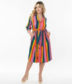 Collectif (Bright & Beautiful) Bright & Beautiful Rainbow Stripe Lauren Shirtdress
