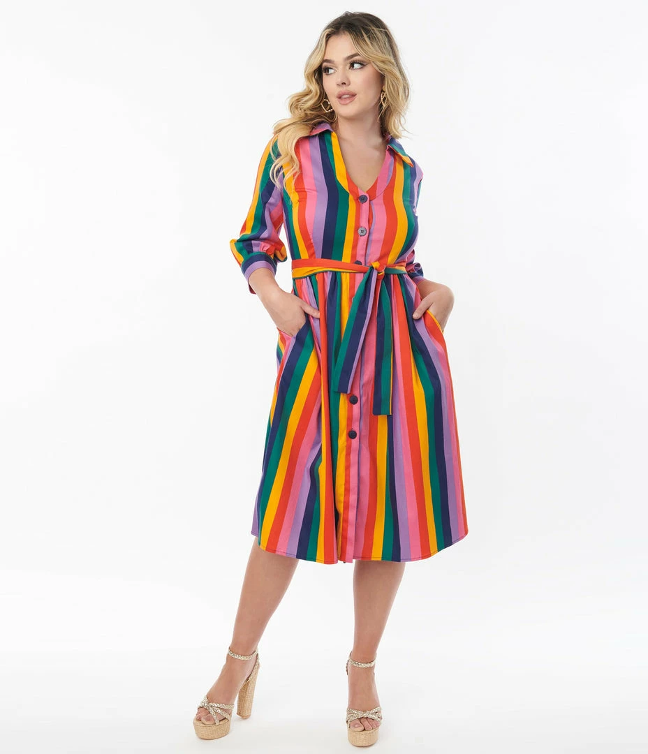 Collectif (Bright & Beautiful) Bright & Beautiful Rainbow Stripe Lauren Shirtdress