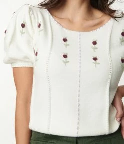 Listicle Ivory & Eggplant Floral Embroidered Sweater Sale
