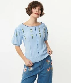 Listicle Light Blue & White Floral Embroidered Sweater Sale