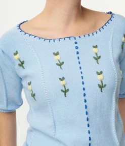 Listicle Light Blue & White Floral Embroidered Sweater Sale