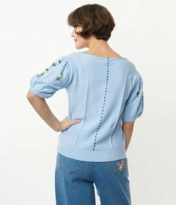 Listicle Light Blue & White Floral Embroidered Sweater Sale