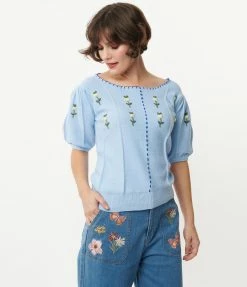 Listicle Light Blue & White Floral Embroidered Sweater Sale