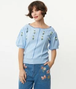 Listicle Light Blue & White Floral Embroidered Sweater Sale
