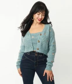 Listicle Sage & Flower Embroidered Crop Top & Cardigan Sweater Set