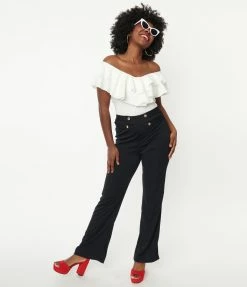 Honeypeach Black Button Wide Leg Pants Sale