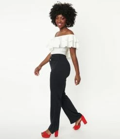 Honeypeach Black Button Wide Leg Pants Sale