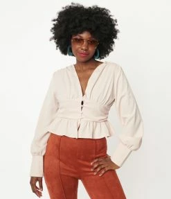 Honeypeach Beige Long Sleeve Peplum Crop Blouse Sale