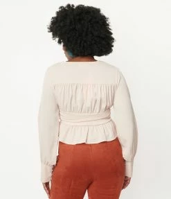 Honeypeach Beige Long Sleeve Peplum Crop Blouse Sale