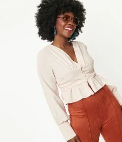 Honeypeach Beige Long Sleeve Peplum Crop Blouse Sale