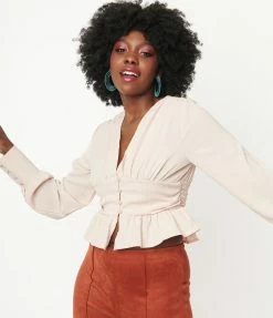 Honeypeach Beige Long Sleeve Peplum Crop Blouse Sale